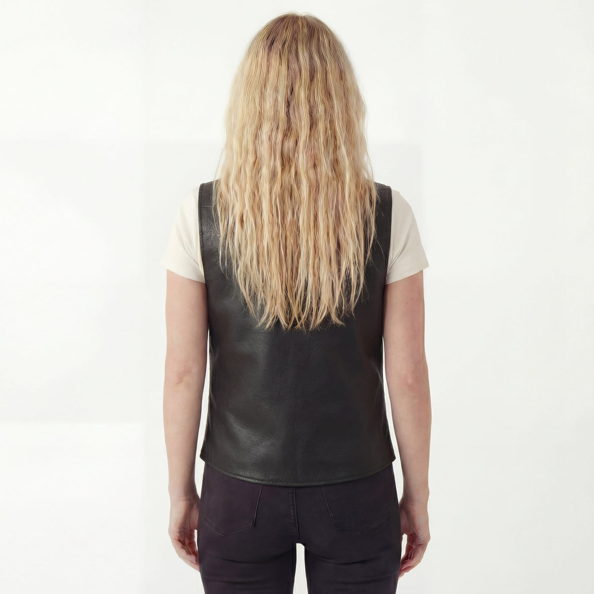 Womens Black Five Snap Lady Biker Leather Motorcycle Vest - back pose