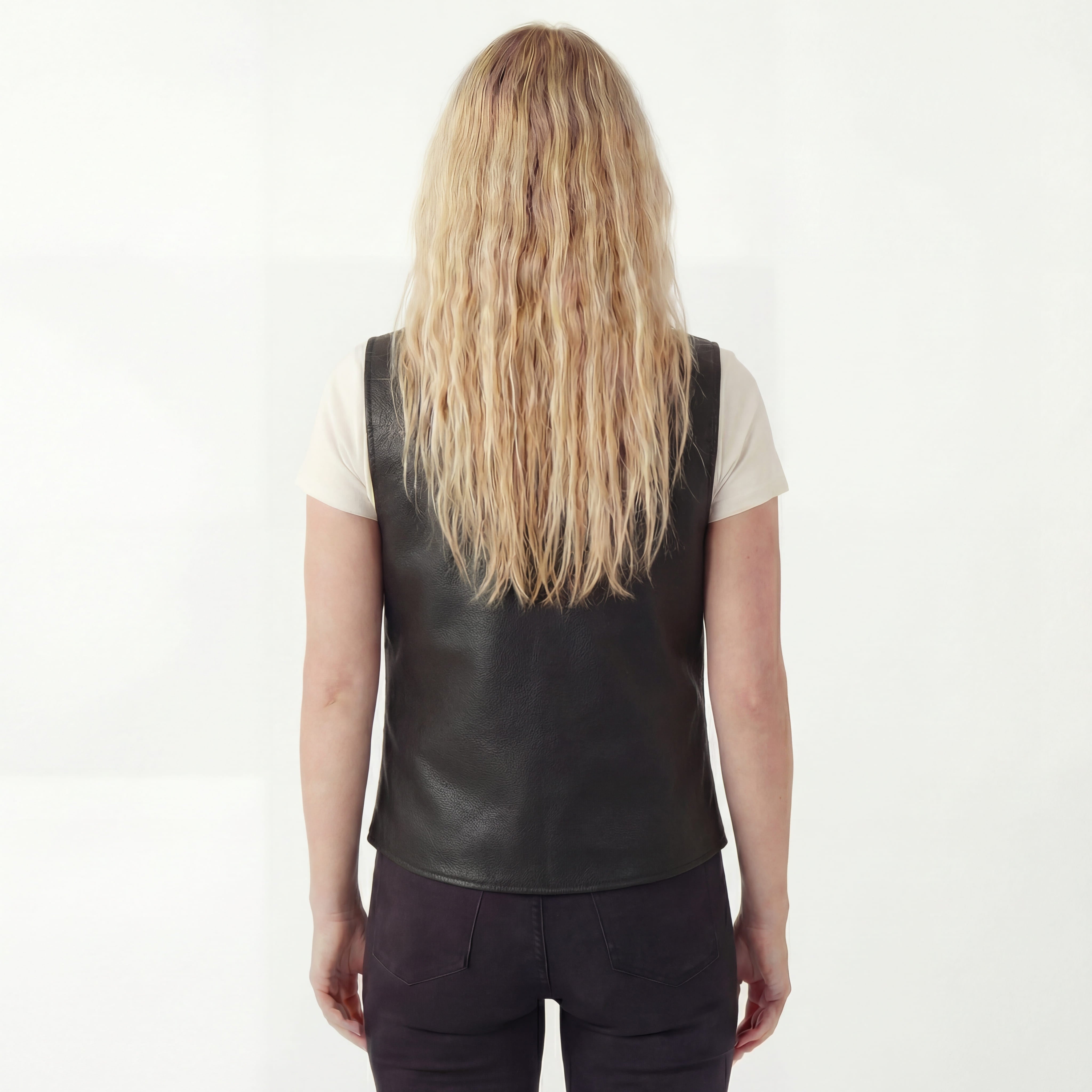 Womens Black Five Snap Lady Biker Leather Motorcycle Vest - back pose