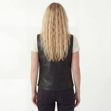 Womens Black Five Snap Lady Biker Leather Motorcycle Vest - back pose