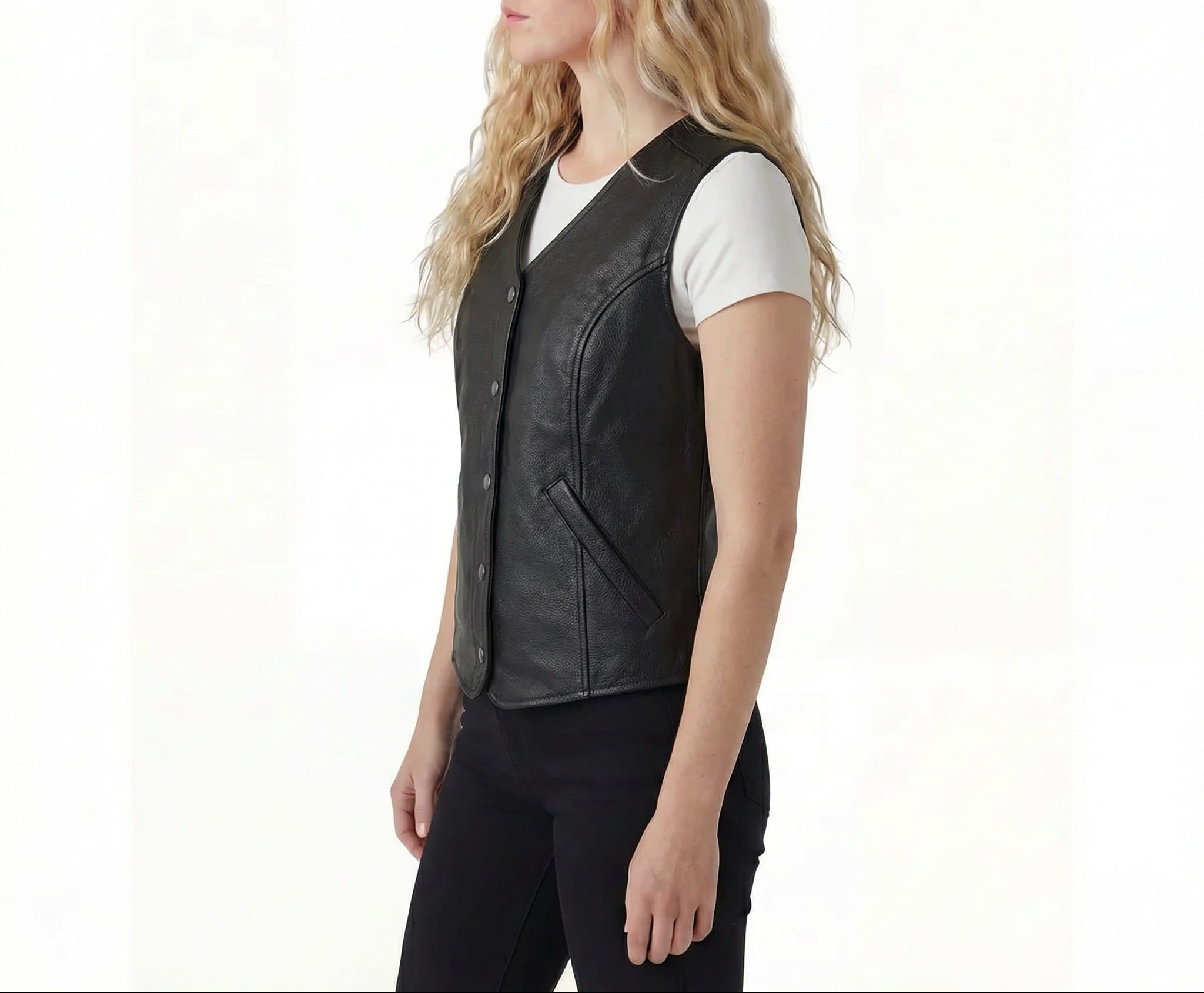 Womens Black Five Snap Lady Biker Leather Motorcycle Vest - side pose