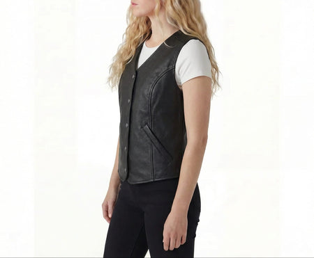 Womens Black Five Snap Lady Biker Leather Motorcycle Vest - side pose