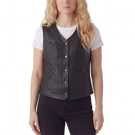 Womens Black Five Snap Lady Biker Leather Motorcycle Vest - front pose