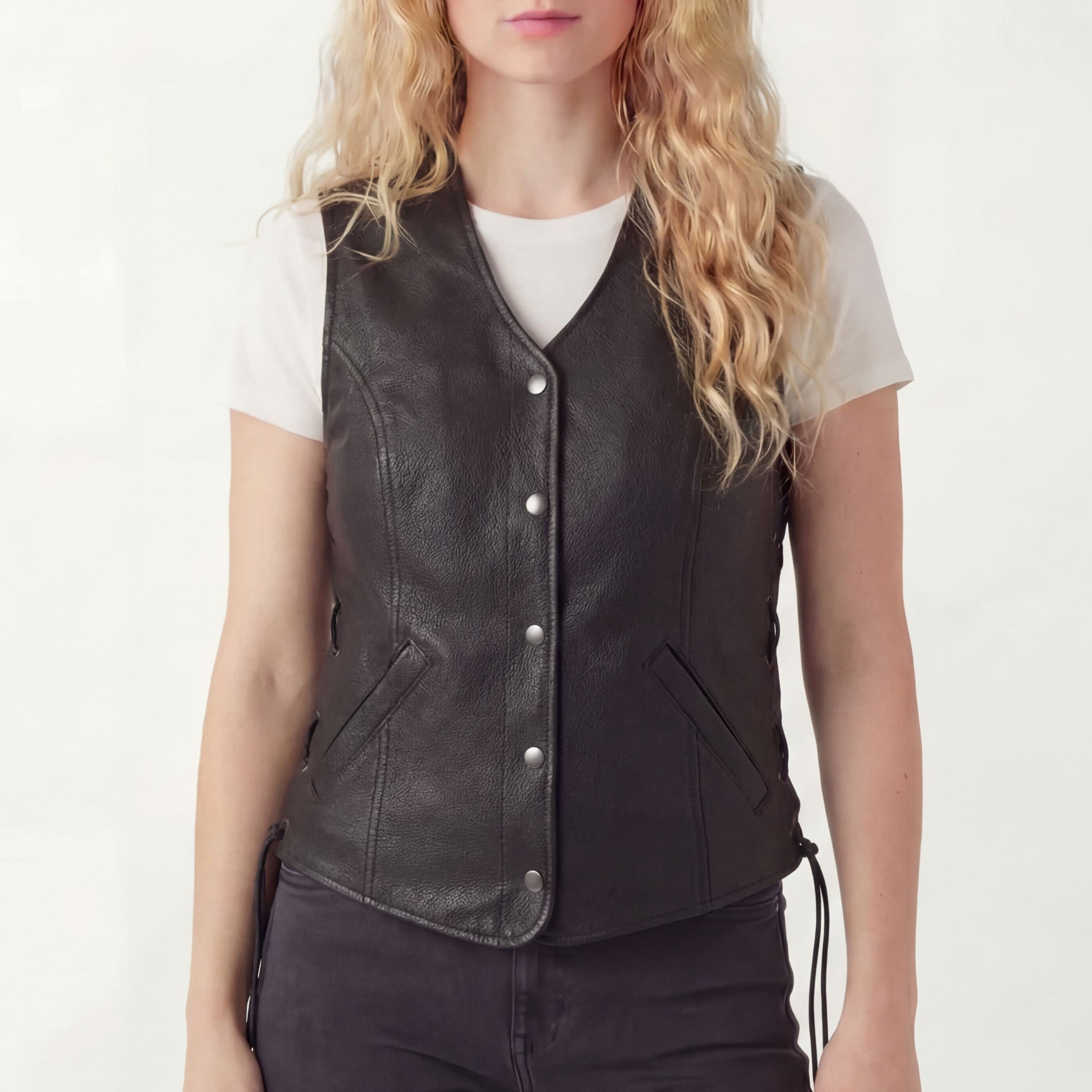 Vance Leather Ladies Leather Five-Snap Lace Side Vest front pose