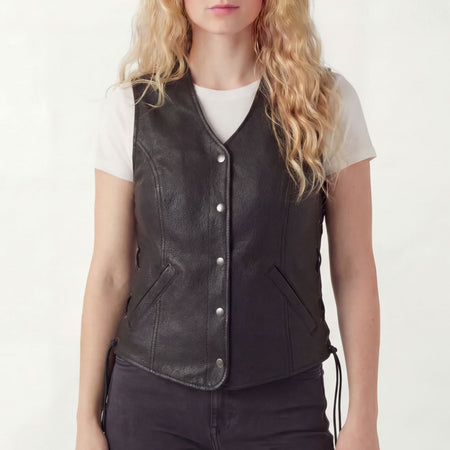 Vance Leather Ladies Leather Five-Snap Lace Side Vest front pose