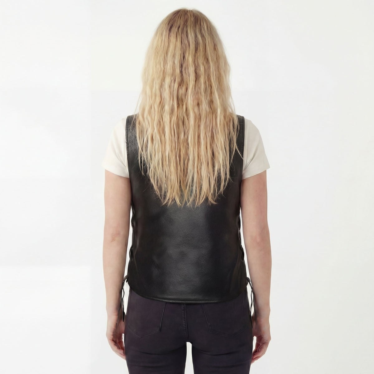 Vance Leather Ladies Leather Five-Snap Lace Side Vest - back pose