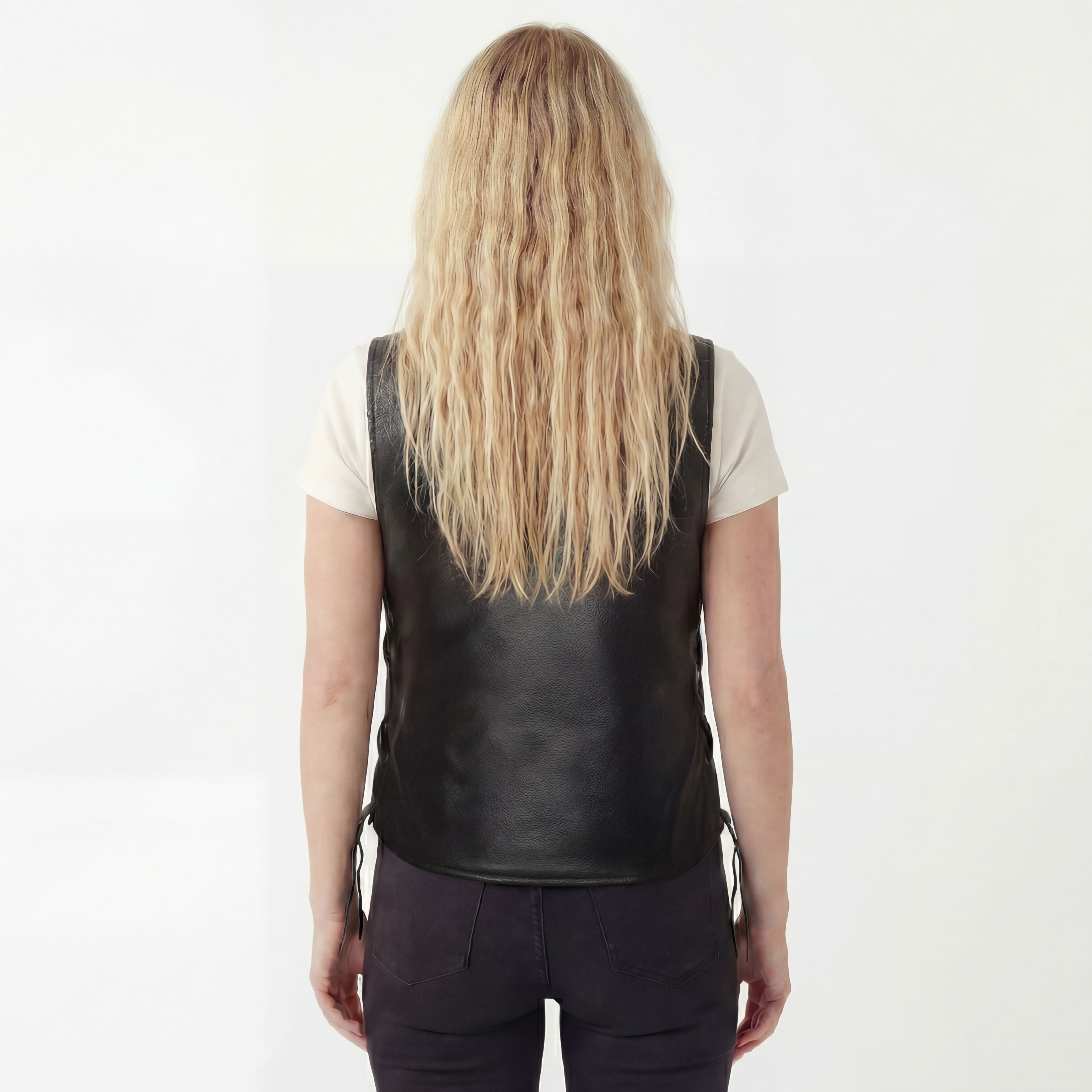Vance Leather Ladies Leather Five-Snap Lace Side Vest - back pose