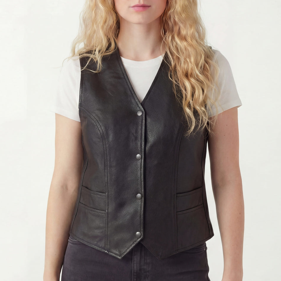 Vance VL1050 Women's Black Lady Biker Leather Motorcycle Vest