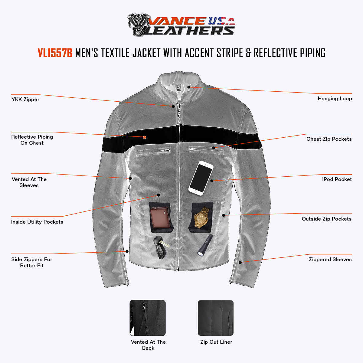 VL1557B Men's Textile Jacket with Accent Stripe Down Sleeve infographic