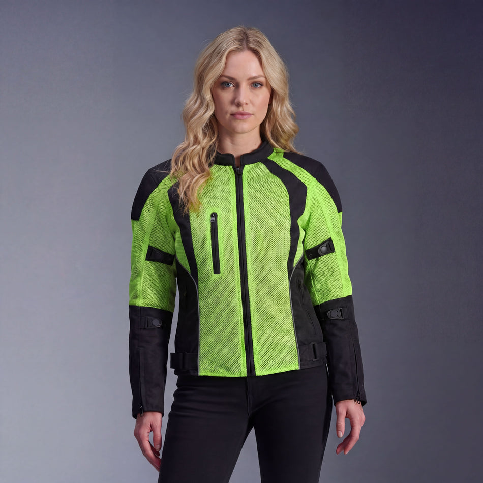 Vance VL1673HG Womens High Visibility Mesh Motorcycle Riding Jacket With CE Armor & Removeable Thermal Liner