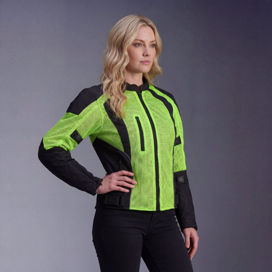 Vance VL1673HG Womens High Visibility Mesh Motorcycle Riding Jacket With CE Armor & Removeable Thermal Liner