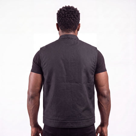 Men’s Black Textile Motorcycle Vest, Heavy Duty SOA Club Style Vest w/ Front Zipper and Snap Closure - back pose