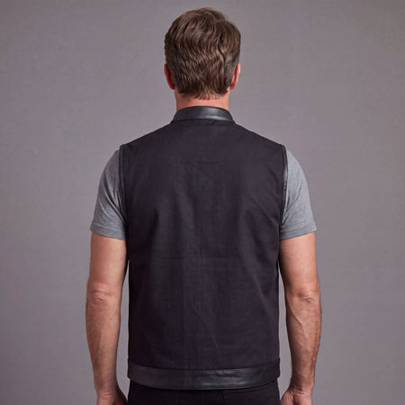 Vance Textile Mens Black SOA Club Style Leather Trimmed Textile Motorcycle Vest w/ Front Zipper and Snap Closure - back pose