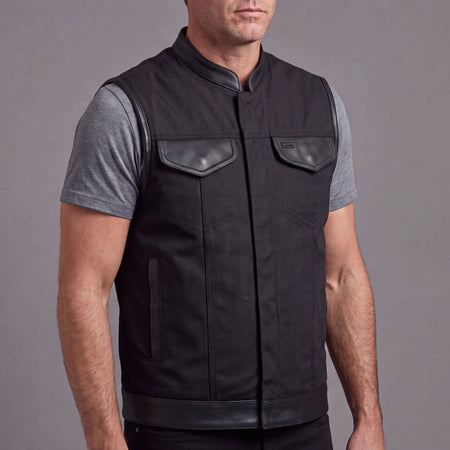 Vance Textile Mens Black SOA Club Style Leather Trimmed Textile Motorcycle Vest w/ Front Zipper and Snap Closure - side pose