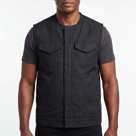 Men’s Premium Collarless Textile Motorcycle Vest Heavy Duty SOA Club Style Vest w/ Front Zipper and Snap Closure - front pose