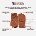 VL412Br Men's Premium Waxed Austin Brown Leather Perforated Motorcycle Gloves - info