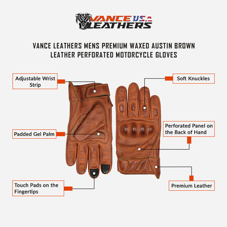 VL412Br Men's Premium Waxed Austin Brown Leather Perforated Motorcycle Gloves - info