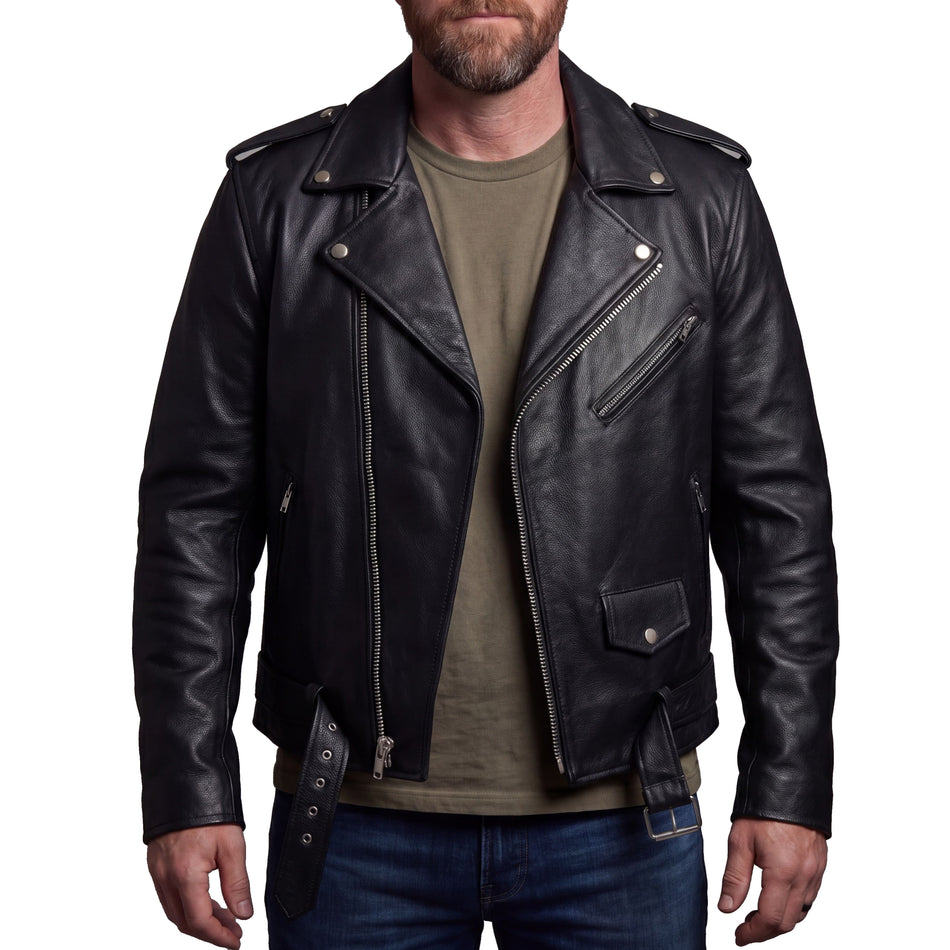 VL515 - Men's Premium Classic Police Style Motorcycle Black Leather Jacket w/ Conceal Carry, Side lace and Removeable Quilted Liner