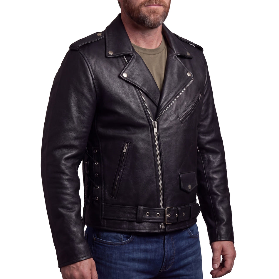 VL515 - Men's Premium Classic Police Style Motorcycle Black Leather Jacket w/ Conceal Carry, Side lace and Removeable Quilted Liner