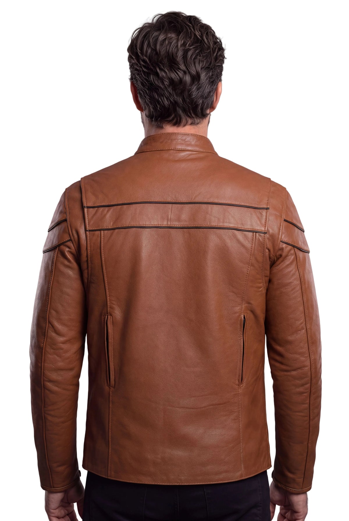 Men's Cognac Brown Premium Cowhide Cafe Racer Leather Motorcycle Jacket with Zipper Vents - back view