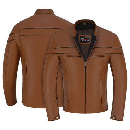Men's Cognac Brown Premium Cowhide Cafe Racer Leather Motorcycle Jacket with Zipper Vents - Front & Back