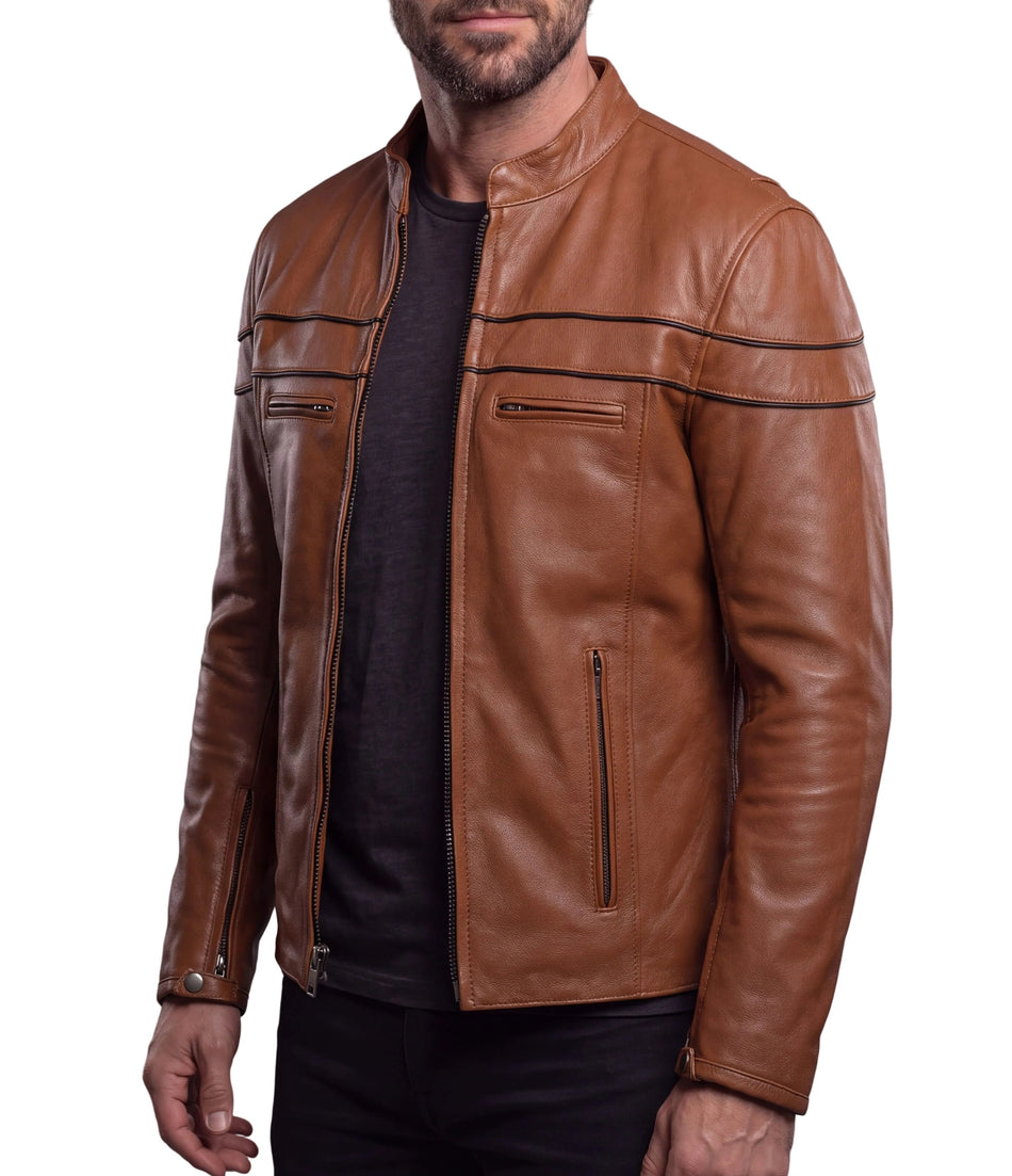 Men's Cognac Brown Premium Cowhide Cafe Racer Leather Motorcycle Jacket with Zipper Vents - side view