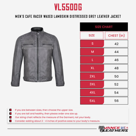 Men's Cafe Racer Waxed Lambskin Distressed Grey Motorcycle Leather Jacket - size chart