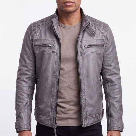 Men's Cafe Racer Waxed Lambskin Distressed Grey Motorcycle Leather Jacket - front view