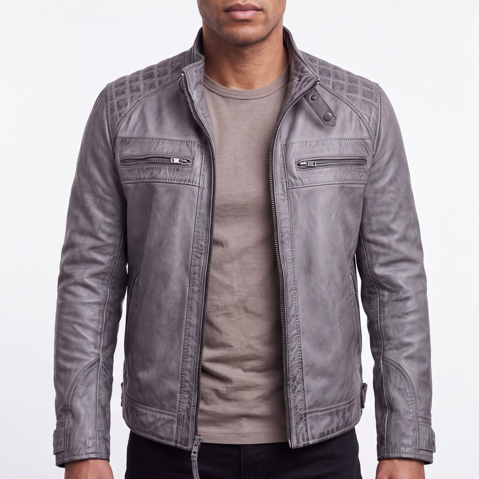 Men's Cafe Racer Waxed Lambskin Distressed Grey Motorcycle Leather Jacket - front view