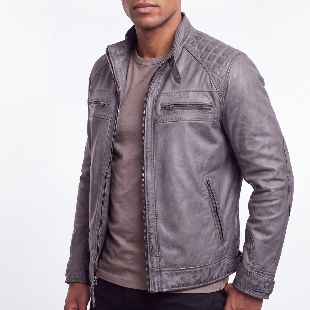 Men's Cafe Racer Waxed Lambskin Distressed Grey Motorcycle Leather Jacket - side view