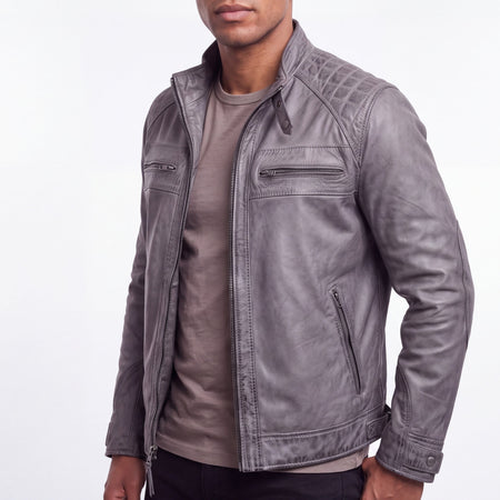 Men's Cafe Racer Waxed Lambskin Distressed Grey Motorcycle Leather Jacket - side view