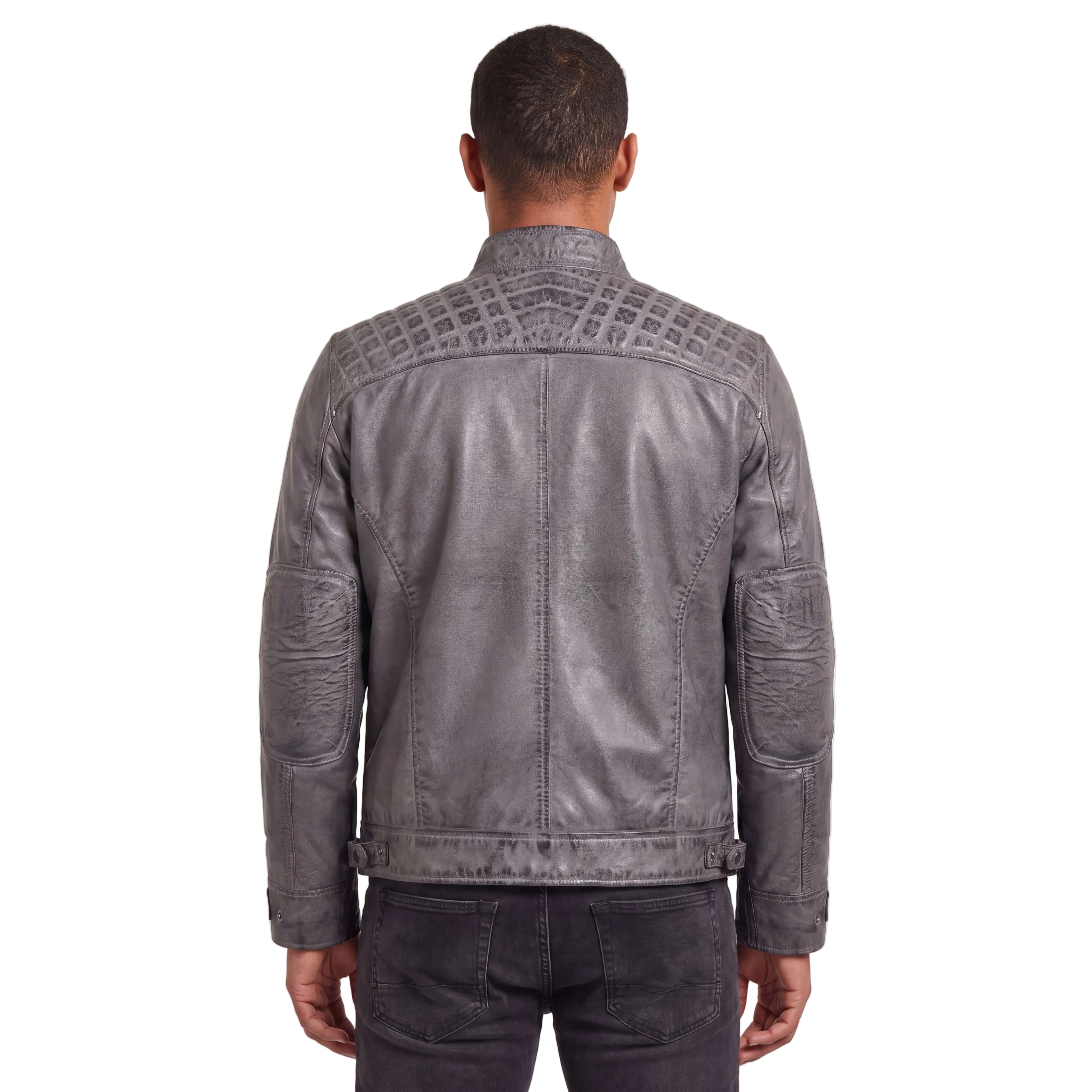 Men's Cafe Racer Waxed Lambskin Distressed Grey Motorcycle Leather Jacket - back pose