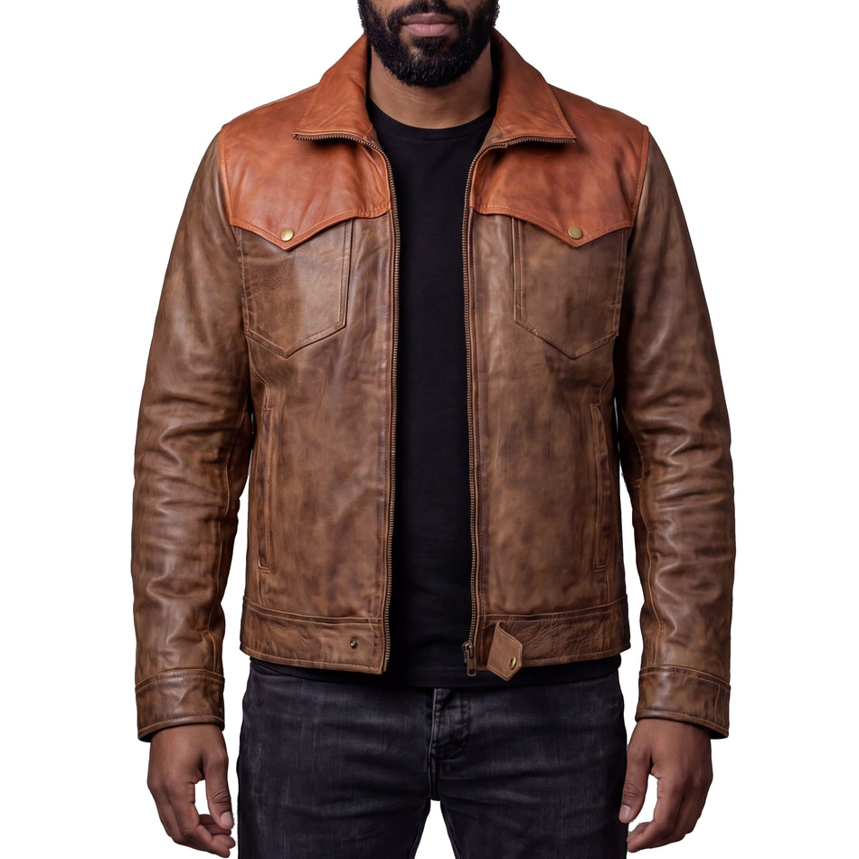 VL571Br - Men's Western Waxed Two-Tone Austin Brown Leather Jacket