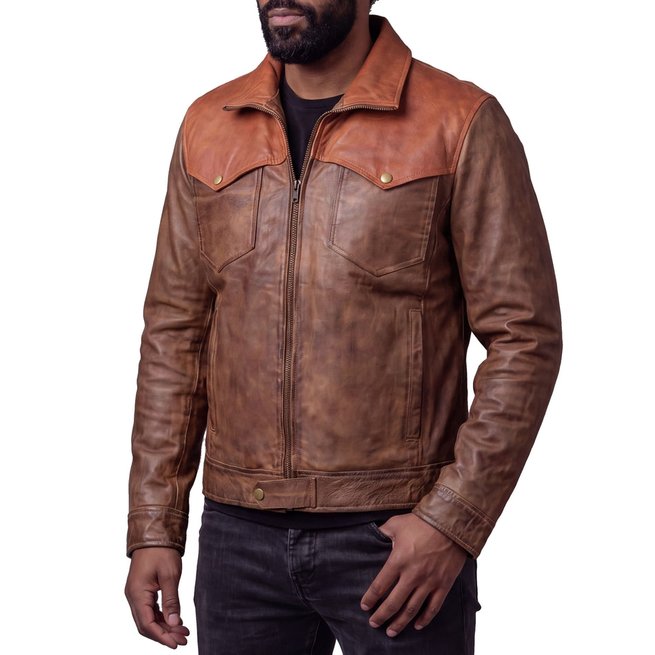 VL571Br - Men's Western Waxed Two-Tone Austin Brown Leather Jacket