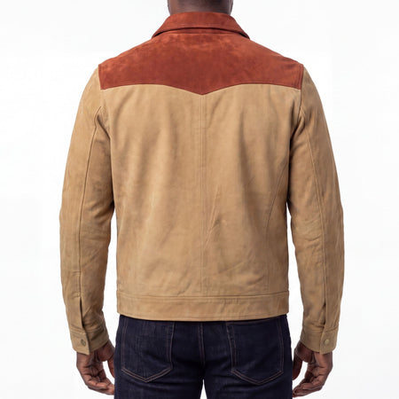 VL572CB - Men's Western Goat Suede Two-Tone Leather Jacket - back pose