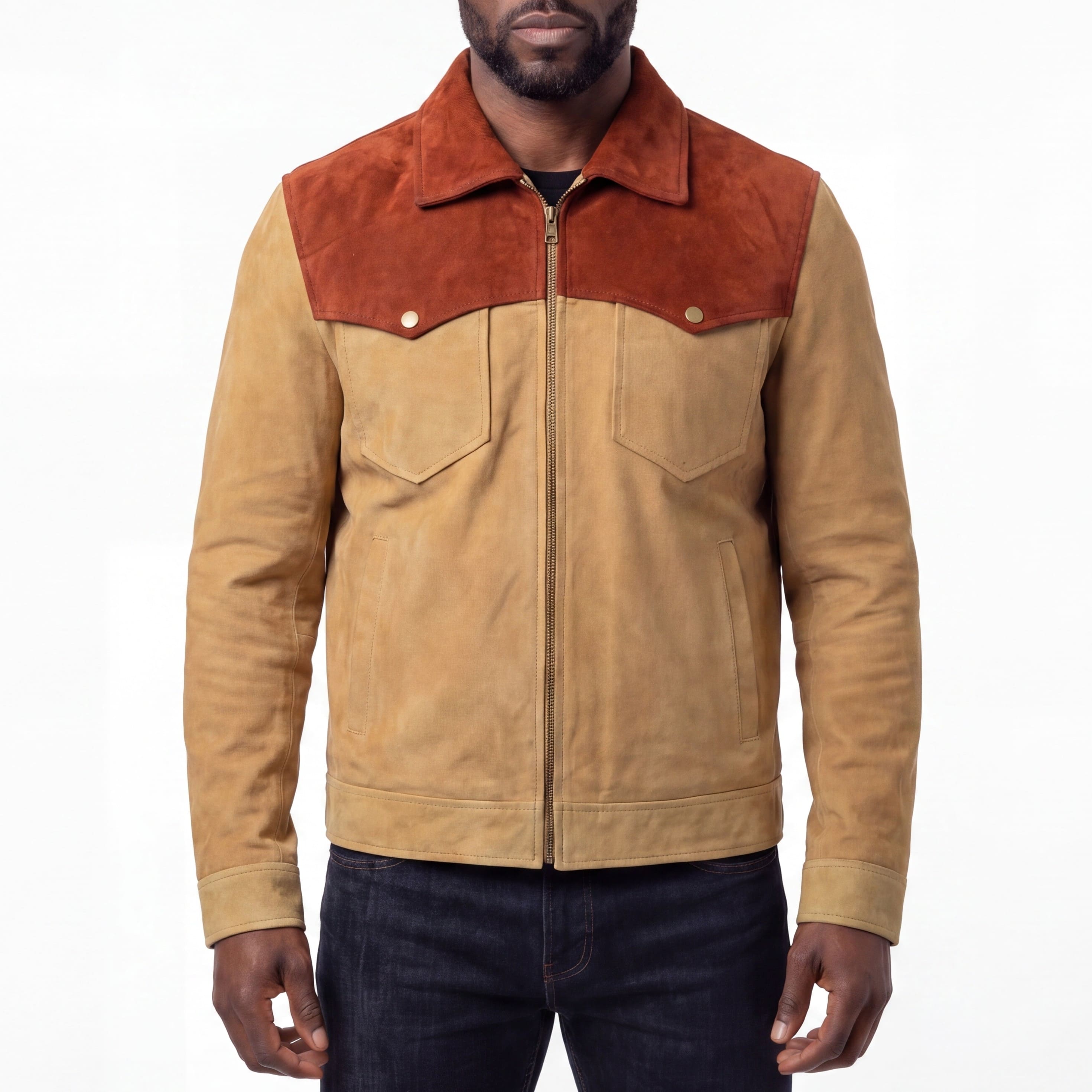 VL572CB - Men's Western Goat Suede Two-Tone Leather Jacket - front pose