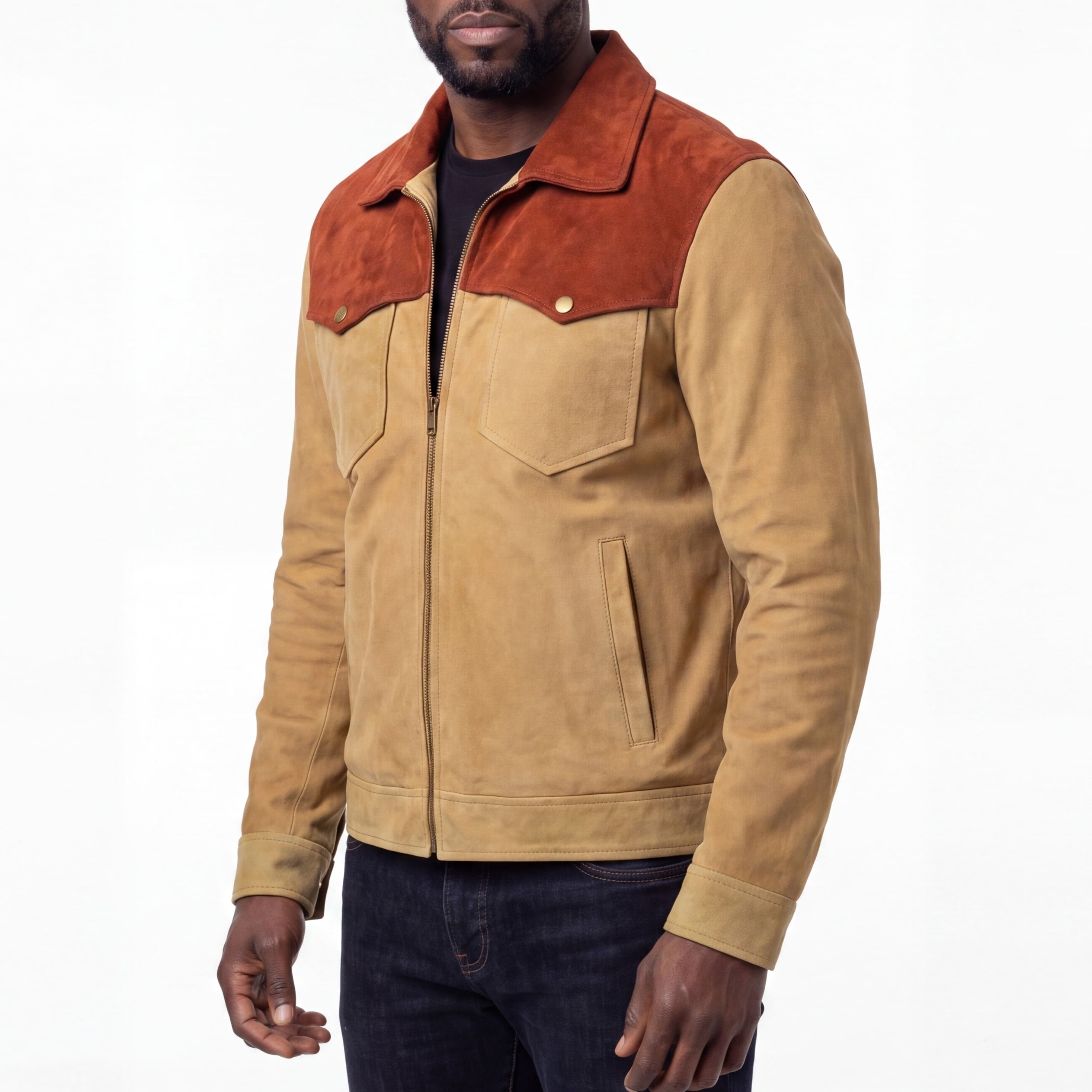 VL572CB - Men's Western Goat Suede Two-Tone Leather Jacket - side pose