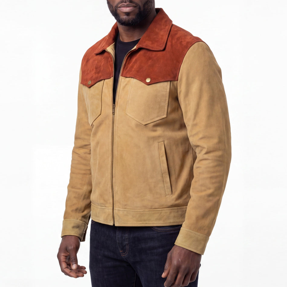 VL572CB - Men's Western Goat Suede Two-Tone Leather Jacket - side pose