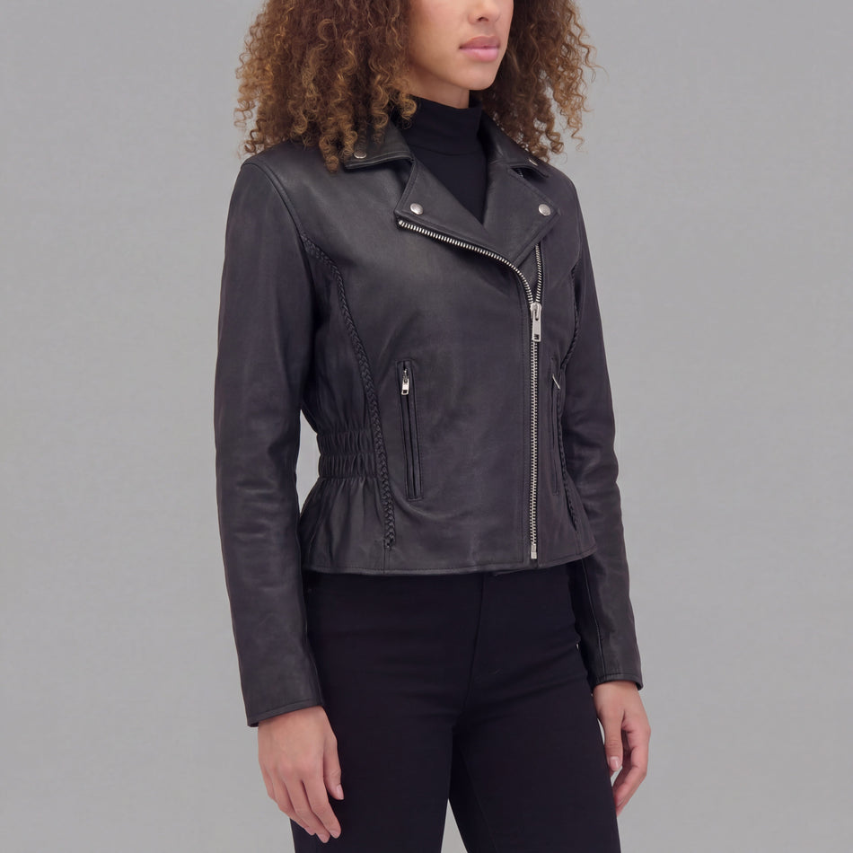 Vance Leather VL615 Women's Black Soft Cowhide Braided and Studded Biker Motorcycle Riding Jacket