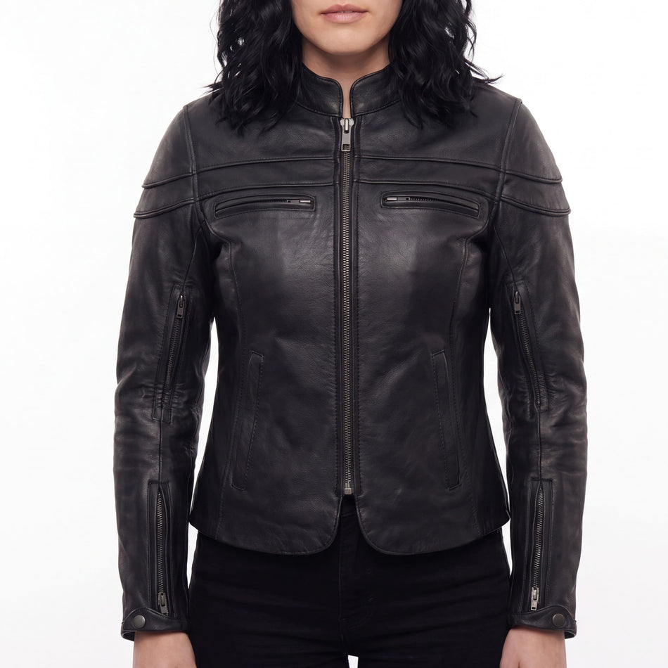 VL631 - Vance Leather Womens Black Soft Cowhide Leather Sporty Scooter Crossover Biker Motorcycle Riding Jacket - front pose
