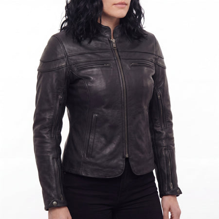 VL631 - Vance Leather Womens Black Soft Cowhide Leather Sporty Scooter Crossover Biker Motorcycle Riding Jacket - side pose