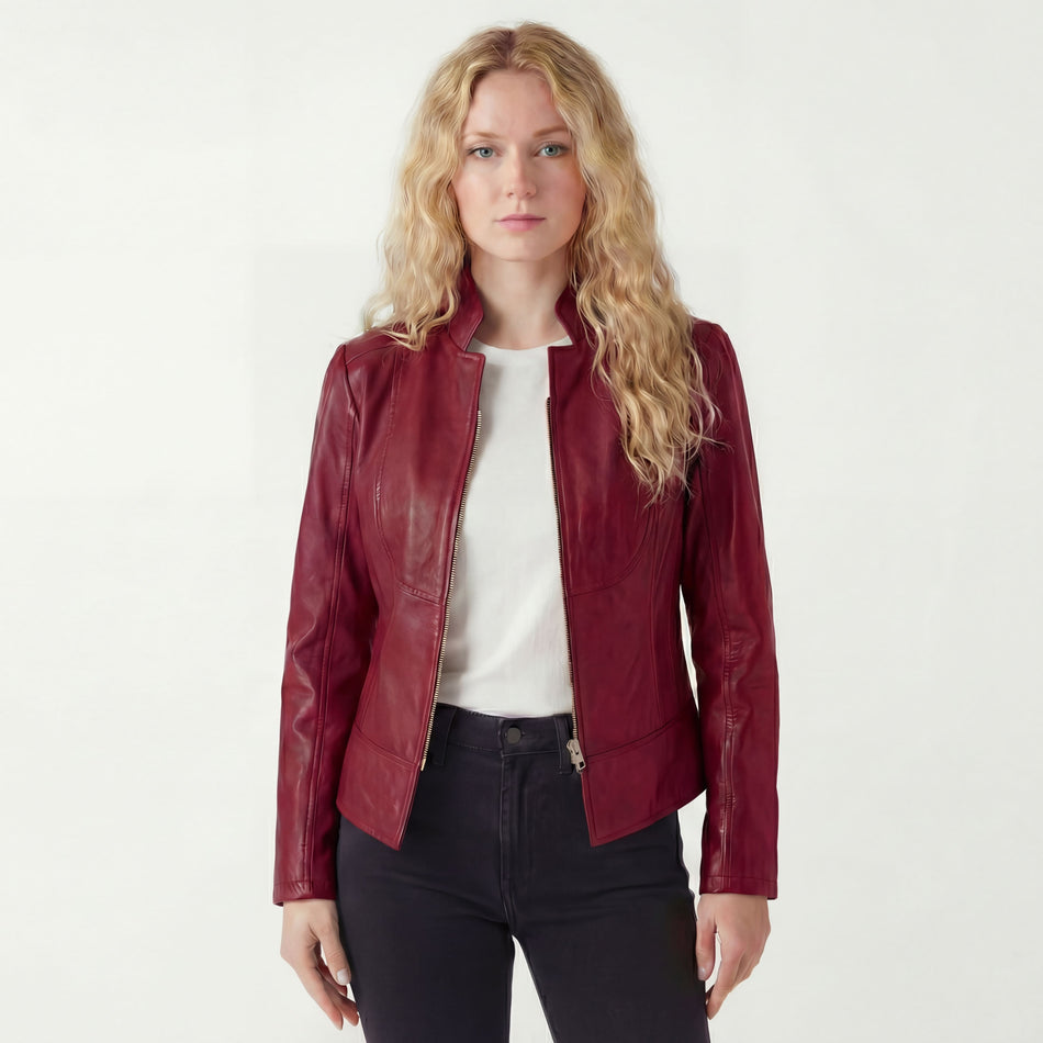 VL650BU - Vance Leathers 'Maya' Ladies Premium Soft Lightweight Burgundy Fitted Motorcycle Leather Jacket