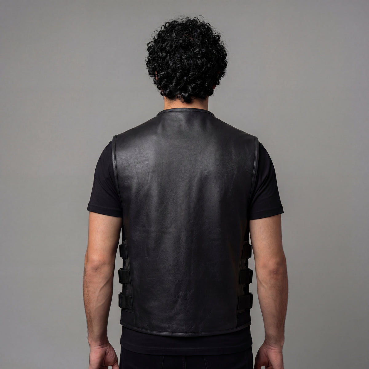 VL904 - Mens Black SWAT Team Style Premium Leather Motorcycle Vest - back pose