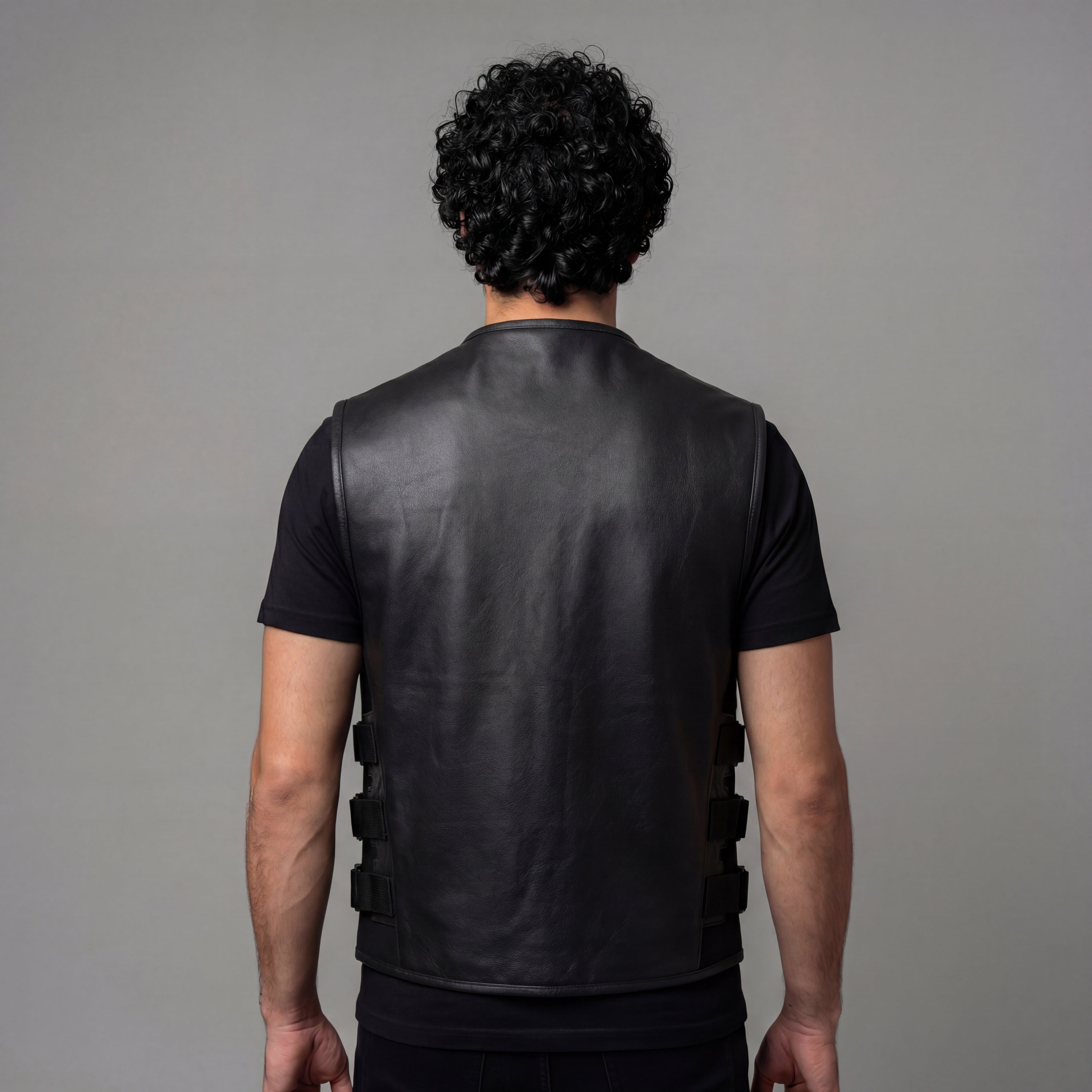 VL904 - Mens Black SWAT Team Style Premium Leather Motorcycle Vest - back pose