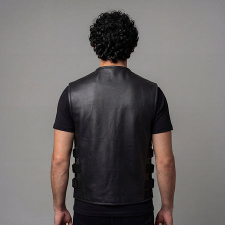 VL904 - Mens Black SWAT Team Style Premium Leather Motorcycle Vest - back pose
