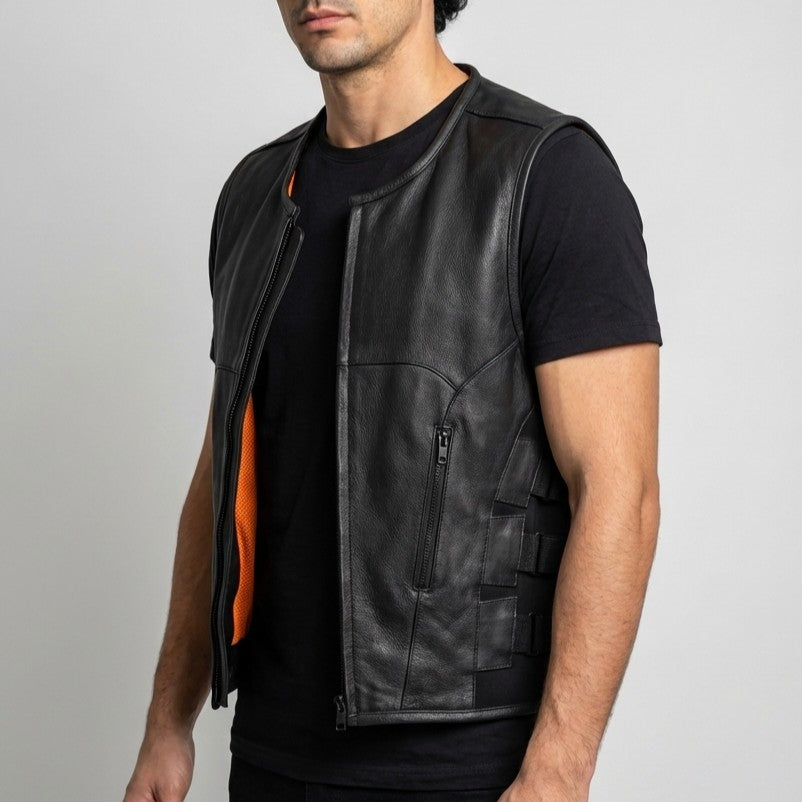 VL904 - Mens Black SWAT Team Style Premium Leather Motorcycle Vest - side pose