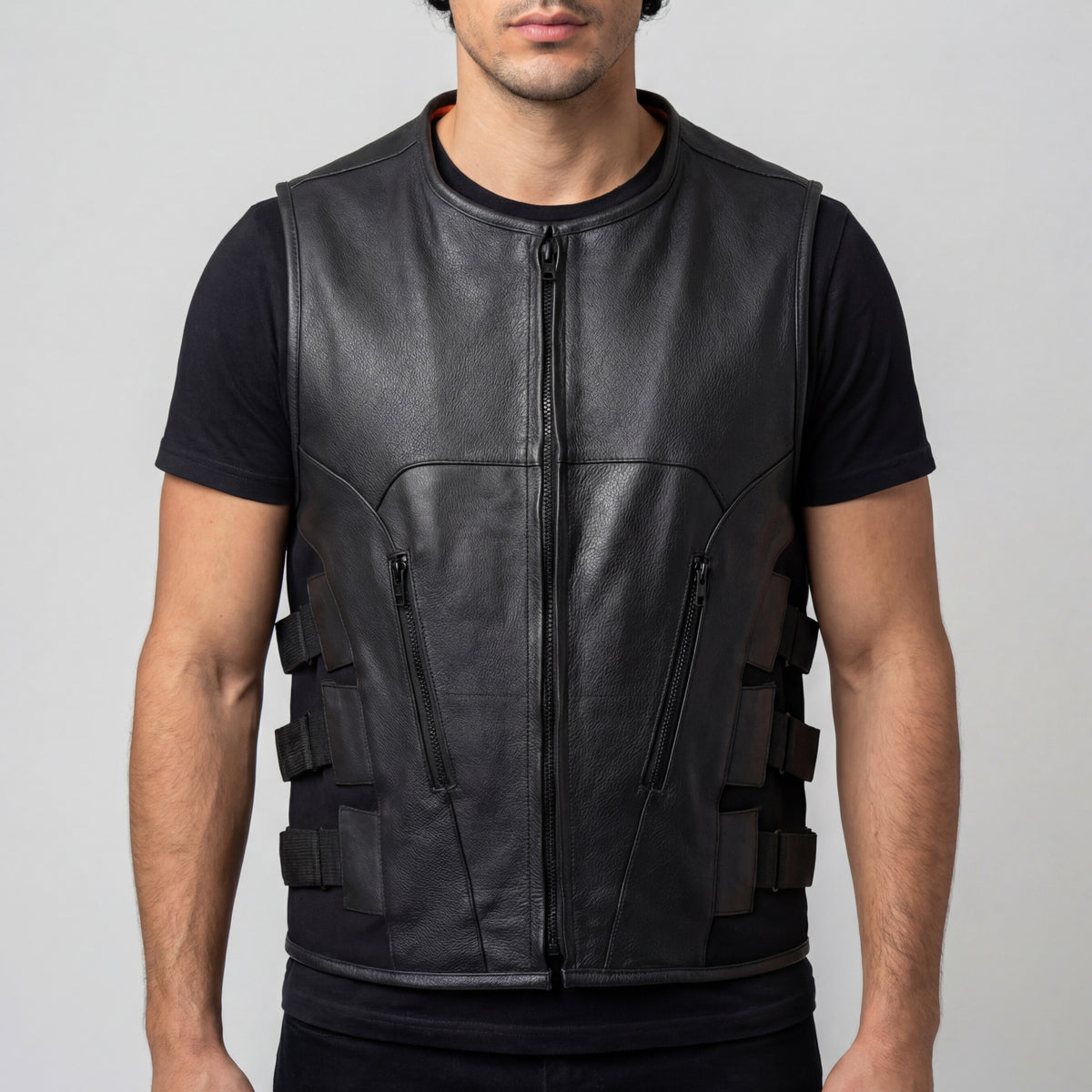 VL904 - Mens Black SWAT Team Style Premium Leather Motorcycle Vest - front pose