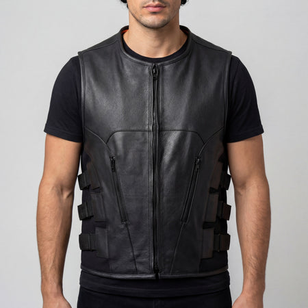 VL904 - Mens Black SWAT Team Style Premium Leather Motorcycle Vest - front pose