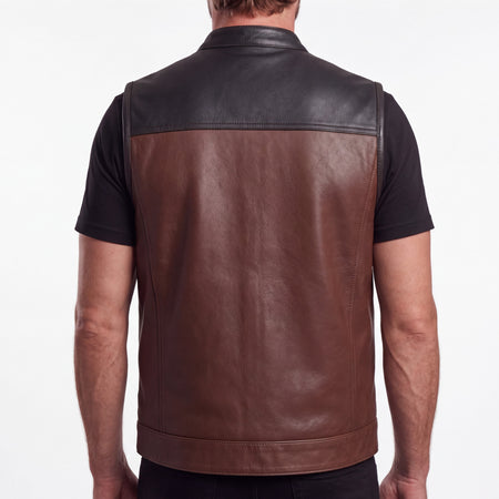 Men's Two-Tone Brown & Black Leather Motorcycle Riding Club Vest with Paisley Liner & CCW Pockets - back view