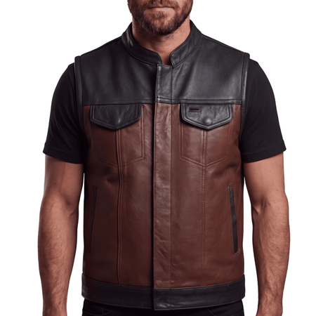 Men's Two-Tone Brown & Black Leather Motorcycle Riding Club Vest with Paisley Liner & CCW Pockets - front view
