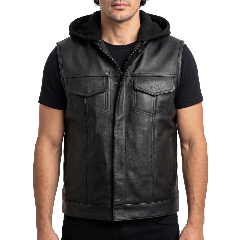 VL914H - Vance Mens Black Premium Cowhide Leather Motorcycle Biker SOA Style Club Vest with Hoodie